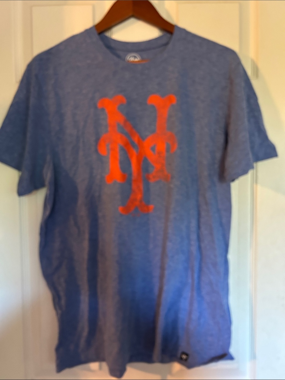 Men's Blue Short-Sleeve Crew Neck T-Shirt with Orange Chest Emblem